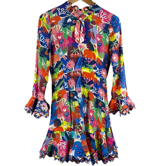 CeliaB Designer Faces & Florals Ruffled‎ Hem Multicolored Mini Dress Size XS - Picture 1 of 12